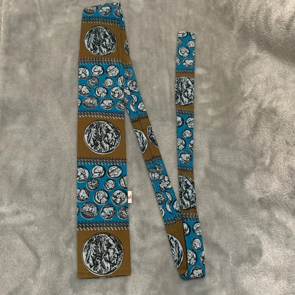Vintage Rooster Jacob Reeds Sons Cotton Tie Blue Brown Buffalo Nickel Coin Print